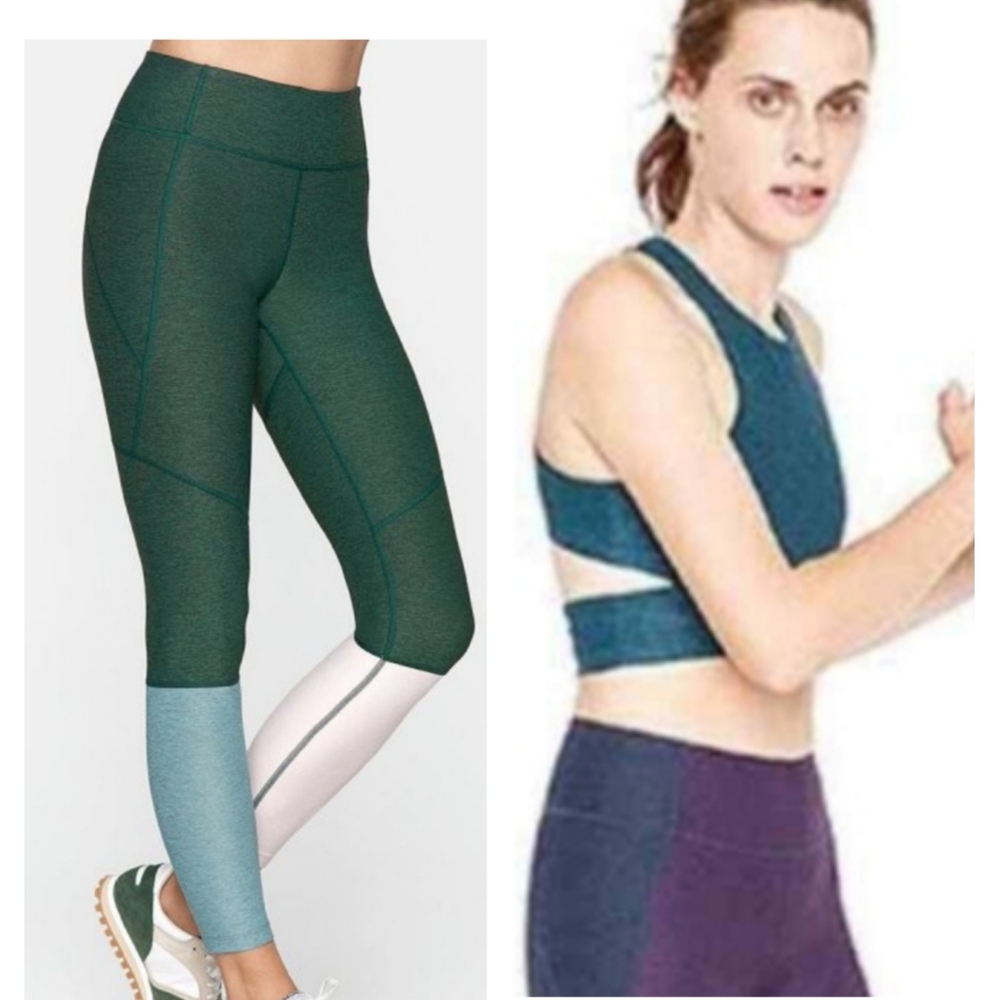 Outdoor Voices Green Two-Tone Leggings with Light Blue Ankle Panels